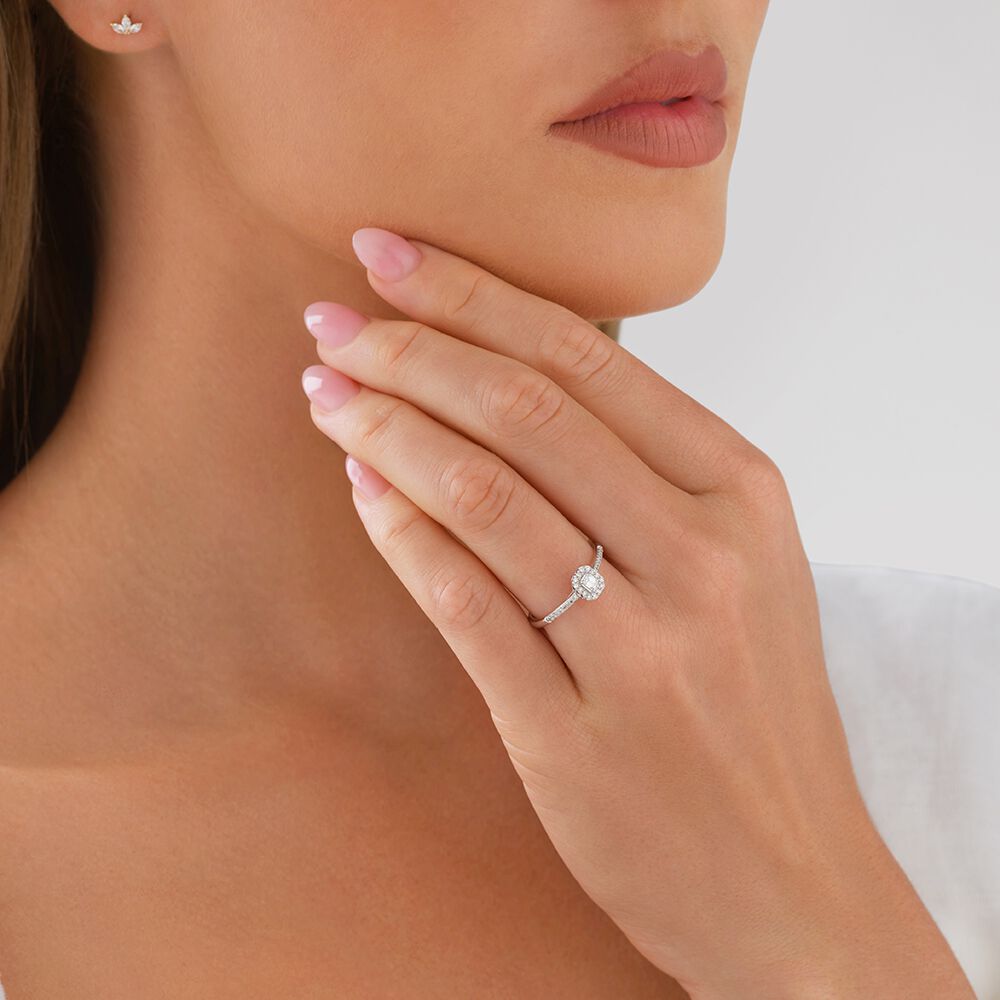 Emerald Cut Halo Engagement Ring with .20TW of Diamonds in 10k White Gold