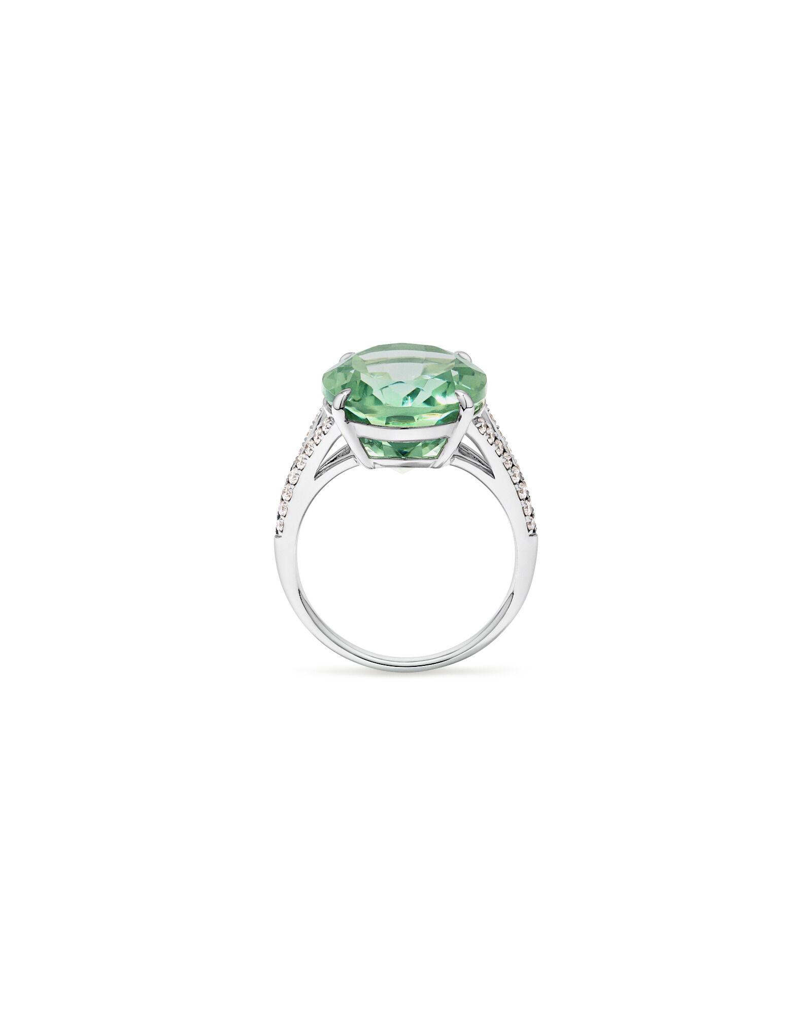 Bague ovale en am&eacute;thyste vert & diamant TW &agrave; tige fendue 0,33 carat en or blanc 10 carats