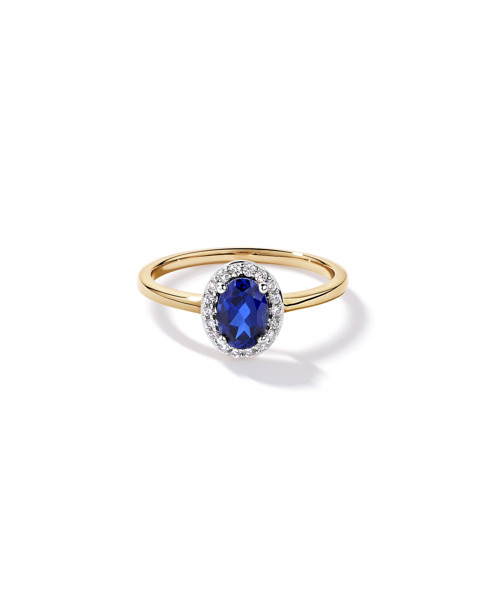 Cr&eacute;ation de la bague halo en diamant TW de 0,10 carat cultiv&eacute;e en laboratoire en saphir et 0,10 carat en or jaune 10 carats et en Rhodium