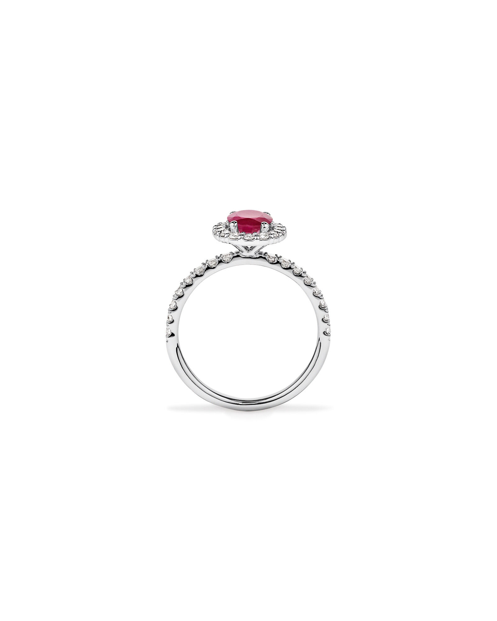 Oval Cut Red Ruby Gemstone and 0.60 Carat TW Diamond Halo Ring in 14kt White Gold