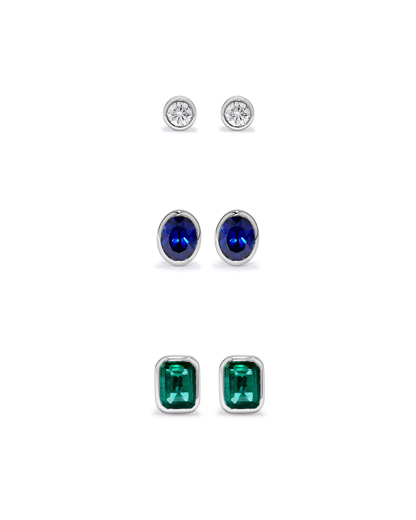 Stud en diamant de laboratoire, &eacute;meraude et saphir serti en argent sterling