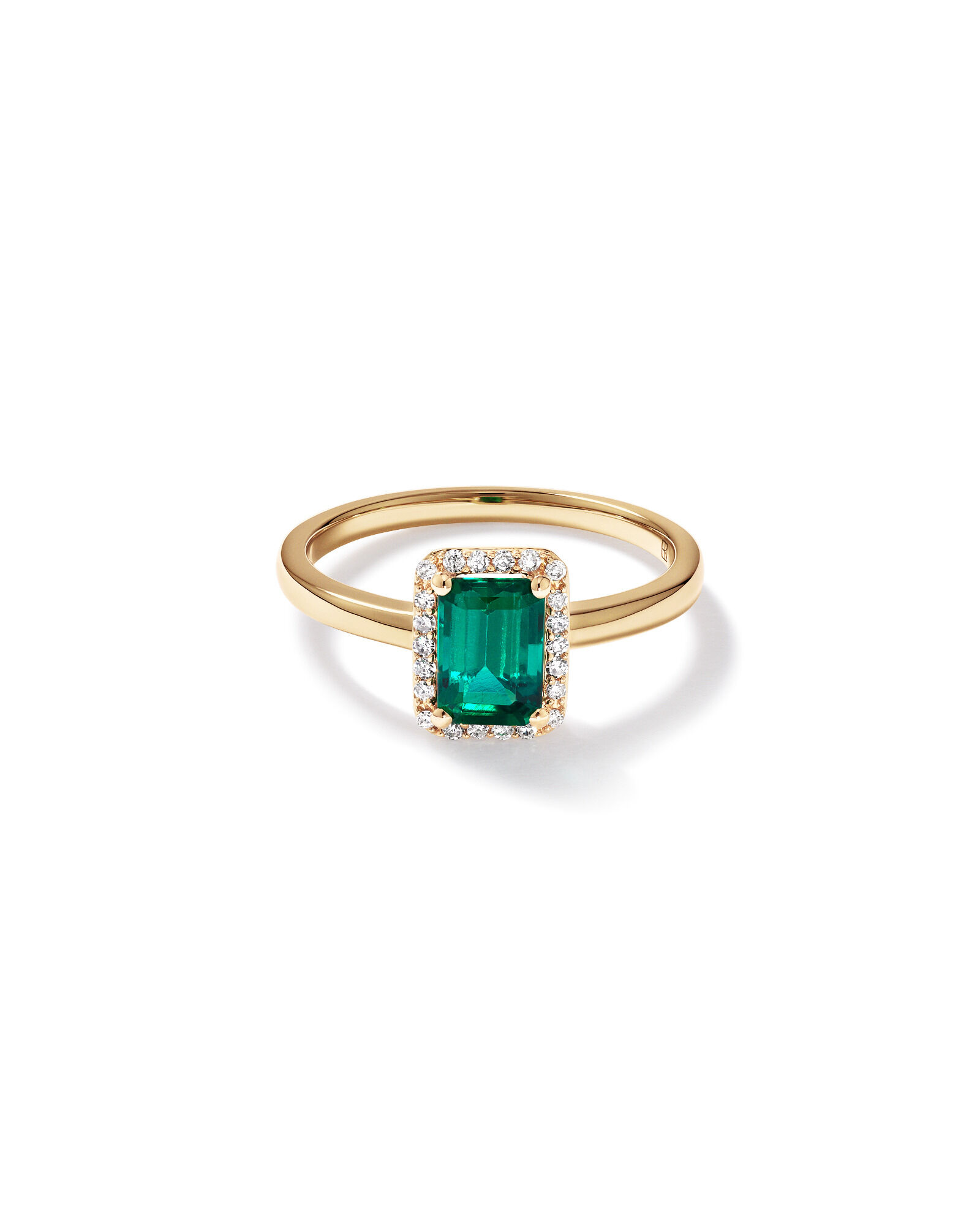 Emerald Cut Green Created Emerald Gemstone and Diamond Halo Ring in 10kt Yellow Gold