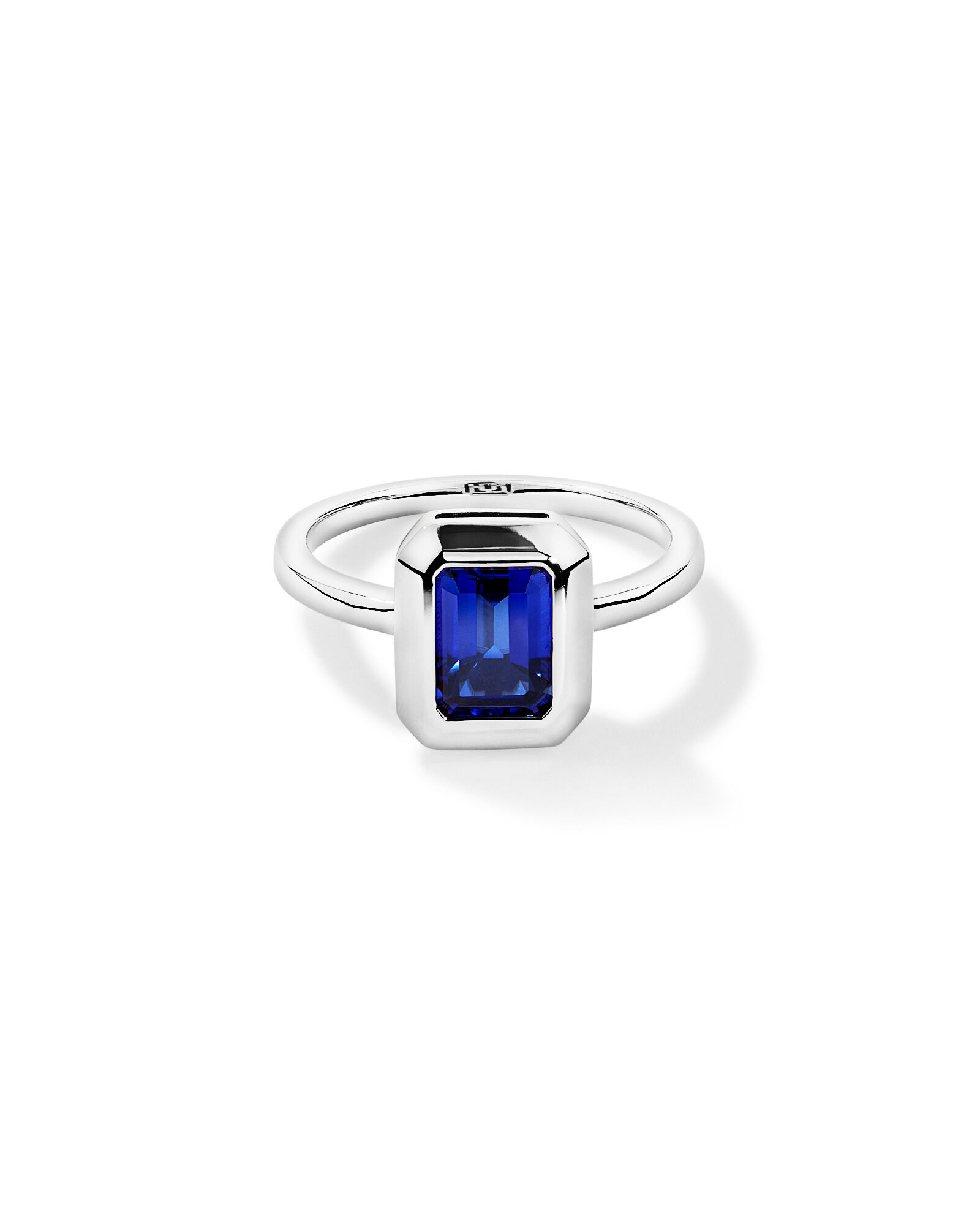 Emerald Cut Created Sapphire Bezel Ring in 10kt White Gold