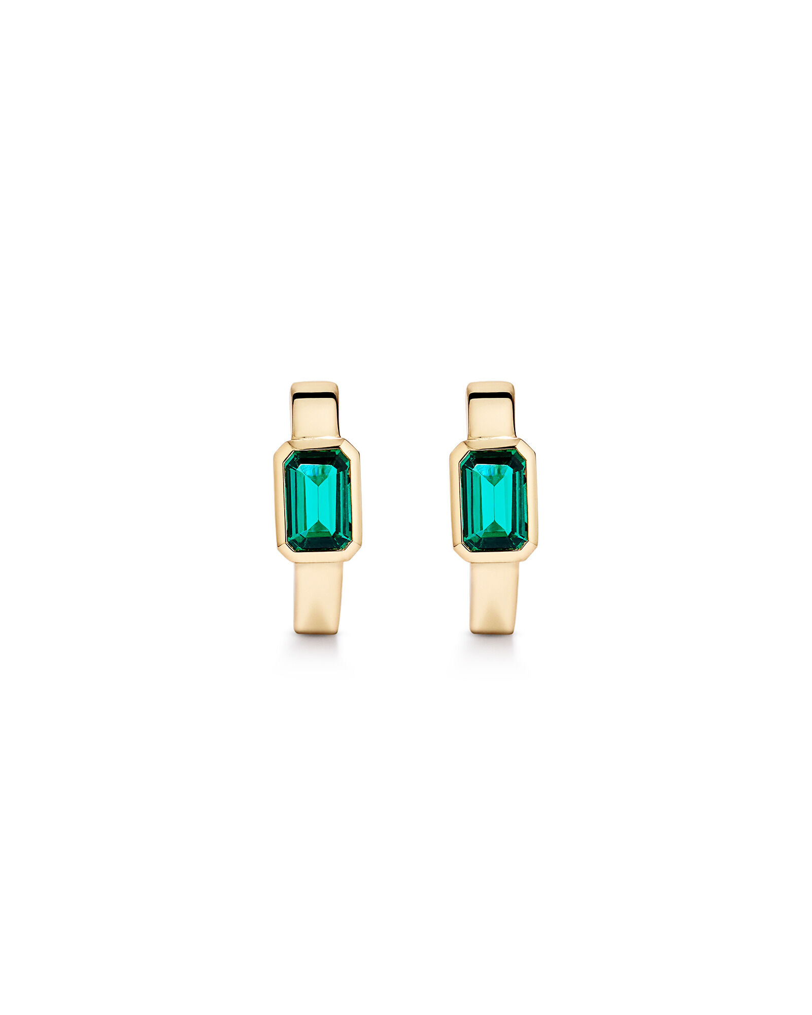 Created Emerald Bezel Huggie Earrings in 10kt Yellow Gold
