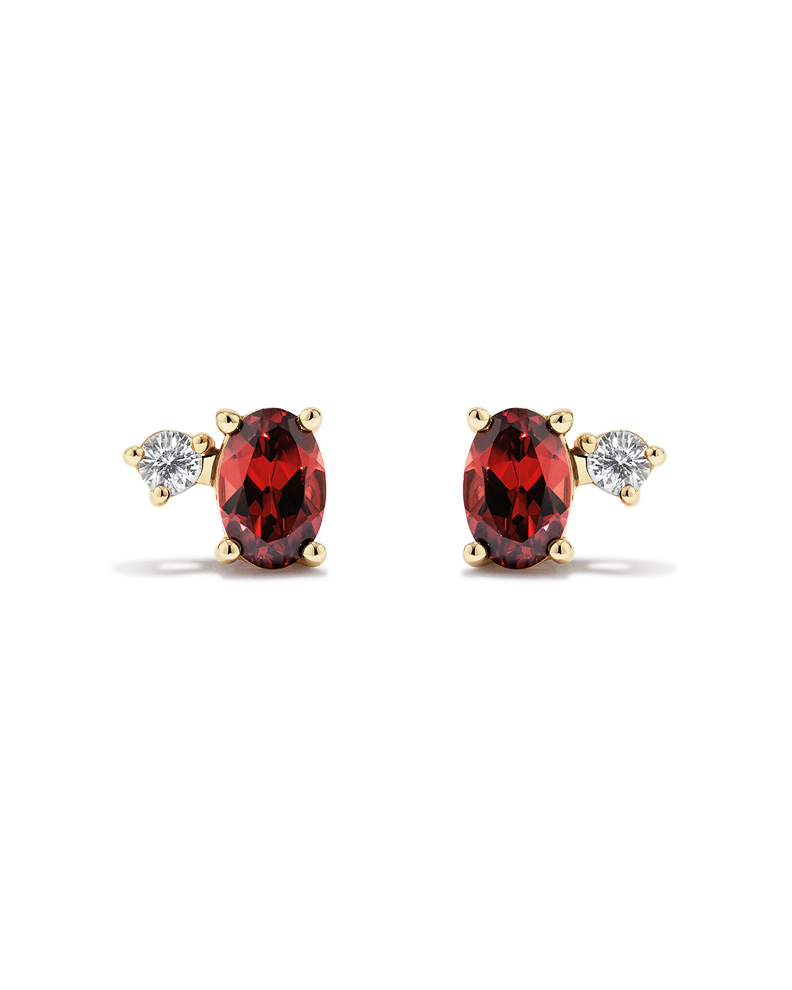 Round White Sapphire and Oval-Cut Garnet Toi Et Moi Stud Earrings in 10kt Yellow Gold