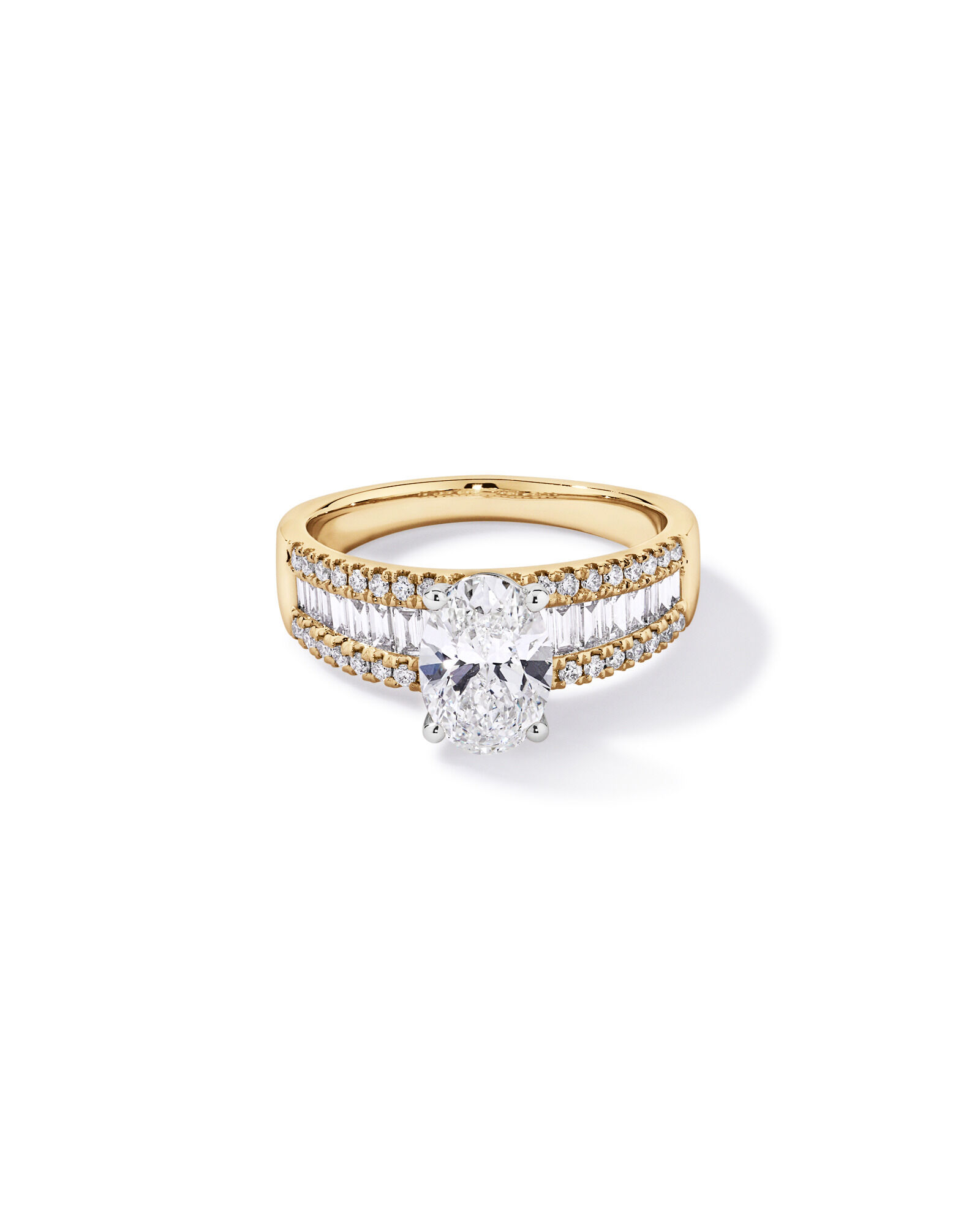 Bague en diamant lat&eacute;rale ovale TW de 2,21 carats et baguette cultiv&eacute;e en laboratoire en or blanc 14 carats